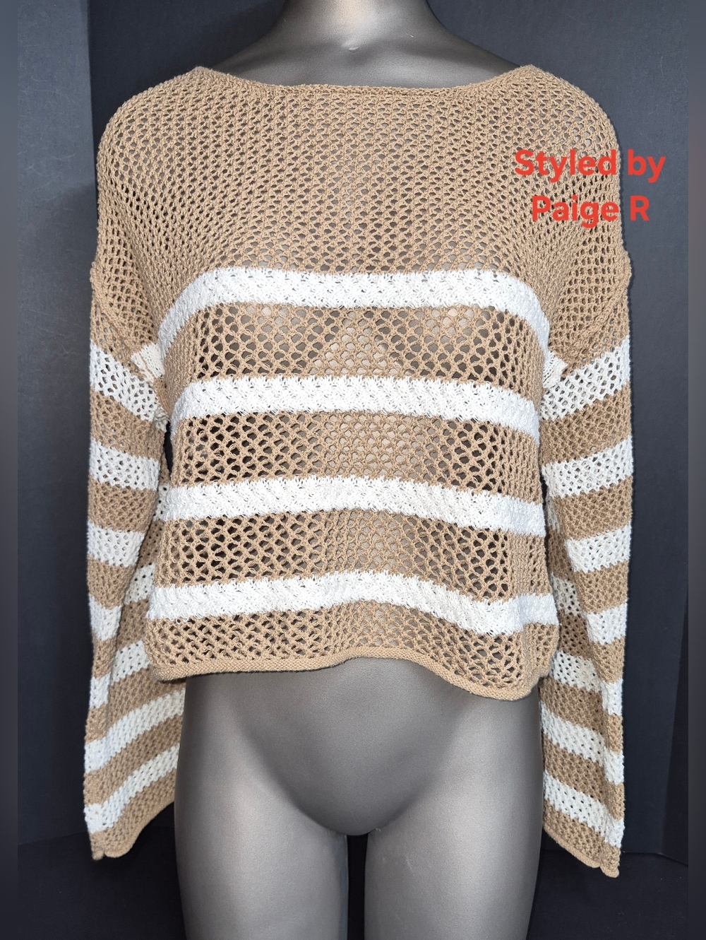 ❤️NWT AE AMERICAN EAGLE Open Knit Striped Beachy Tie Back Sweater Tan White M